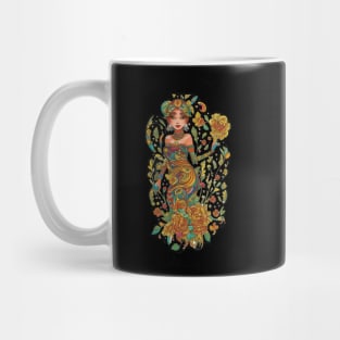 Explosion of Flowers: Vibrant Dress on Beautiful Woman Mug